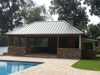 Expresso-colored metal roofing over a pavilion